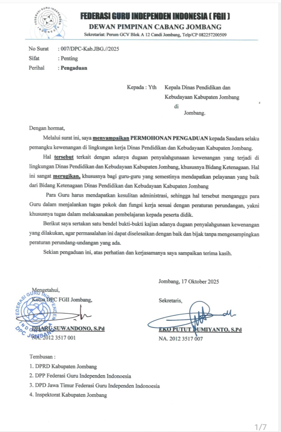 FGDII KABUPATEN JOMBANG MENGAJUKAN PENGADUAN BAGIAN KETENAGAAN KE KEPALA DINAS PENDIDIKAN 1 IMG 20251024 WA0161